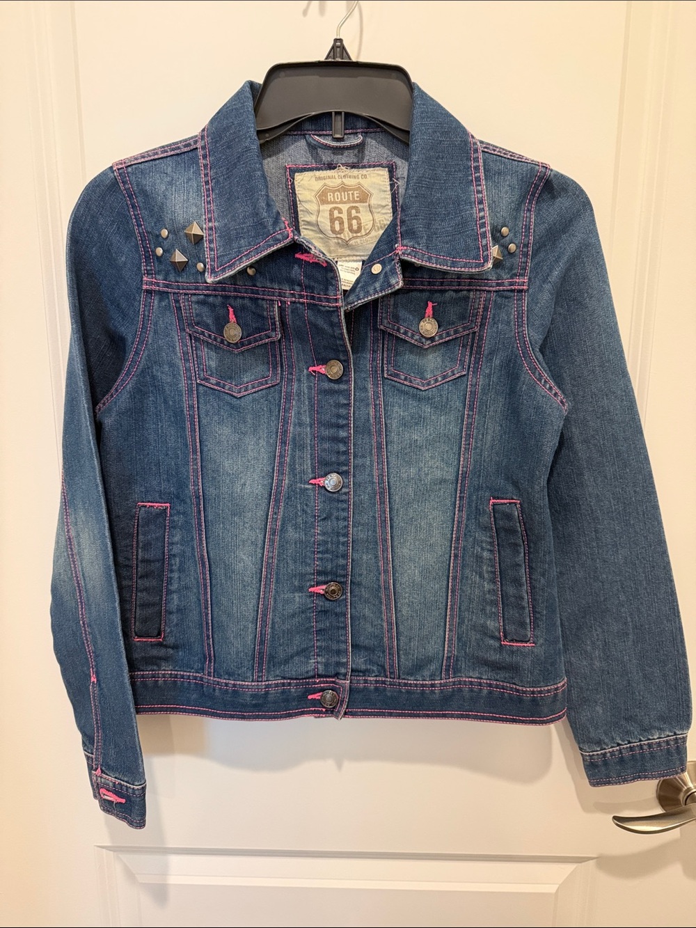 Vintage Route 66 Blue Kids Denim Jacket with Pink Stitching and Stud Accents